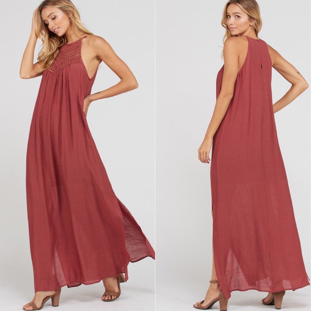 Brick Boho Crochet Lace Neck Maxi Dress